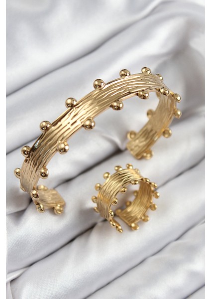 Pirinç Topcuk Model Gold Renk Bileklik Yüzük Set - Lisinya