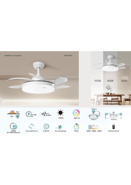 Fan Light - Tavan Vantilatörü ve Lambası 36+30W fiyatları