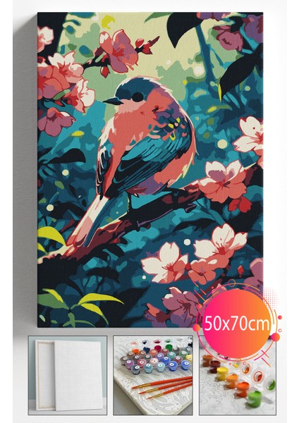 Sayılarla Boyama Seti Numaralı Tuval Fırça Boya Dahil Kasnaklı Set 50X70 cm - Pembe Kuş