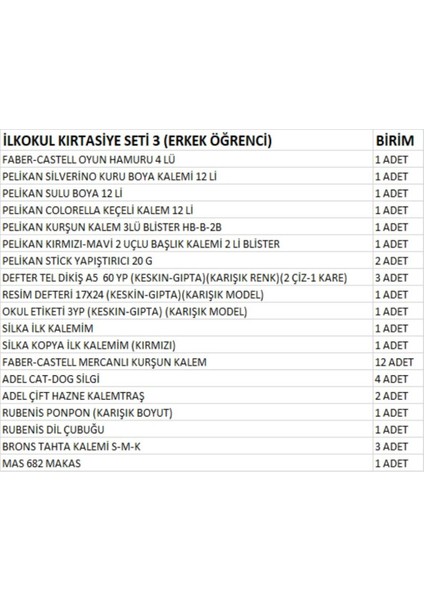 Ilkokul Kırtasiye Seti 3 (Erkek Öğrenci) fiyatları