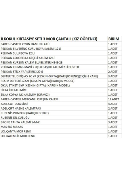 Ilkokul Kırtasiye Seti 3 Mor Çantalı (Kız Öğrenci) fiyatları