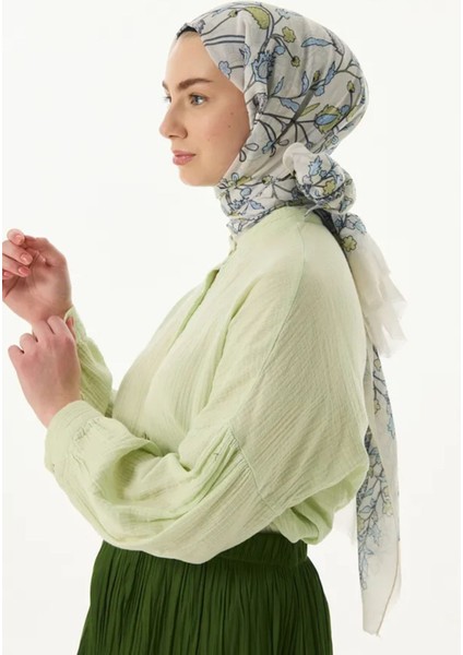 Lina Nine Desen Krem-Çağla Yeşili Pamuklu Şal