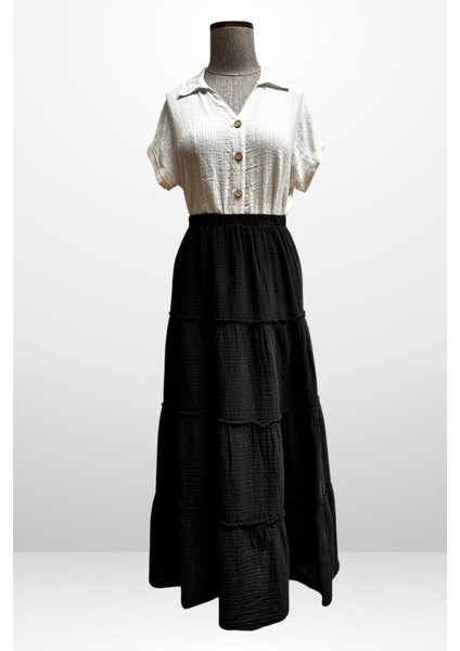 Kadın Beli Lastikli Katlı Müslin Uzun Etek