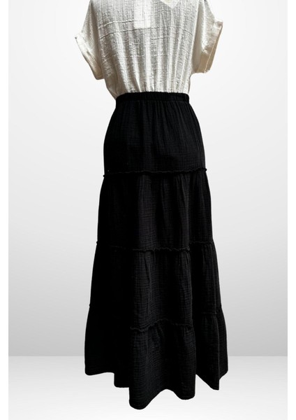 Kadın Beli Lastikli Katlı Müslin Uzun Etek fırsatları