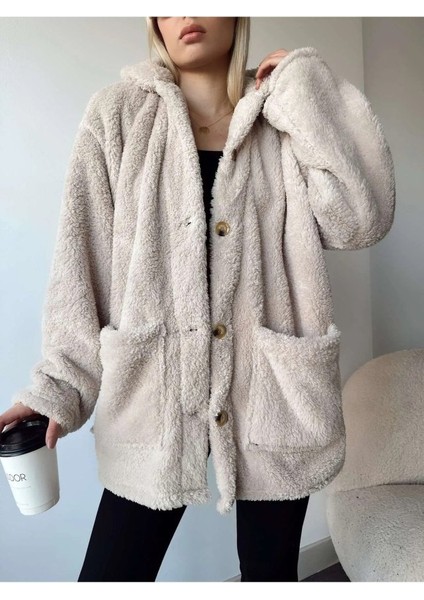 Kadın Uzun Kollu Cep ve Düğme Detay Wellsof Kumaş Kaban