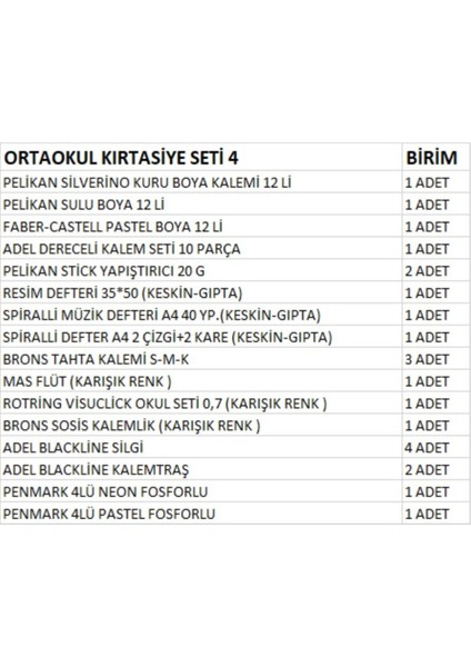 Ortaokul Kırtasiye Seti 4 fiyatları