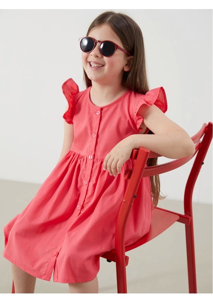 Lcw Kids Kirmizi Pileli Kız Çocuk Keten Görünümlü Gömlek Elbise