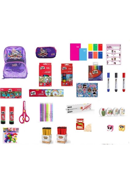 Ilkokul Kırtasiye Seti 2 Mor Çantalı (Kız Öğrenci)