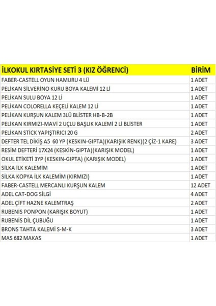 Ilkokul Kırtasiye Seti 3 (Kız Öğrenci) fiyatları