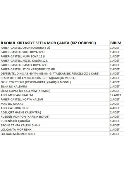 Ilkokul Kırtasiye Seti 4 Mor Çanta (Kız Öğrenci) fiyatları