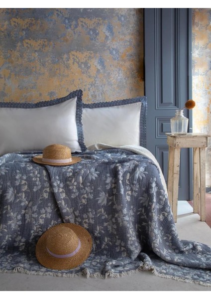 Marbella Indigo Çift Kişilik Pike/yatak Örtüsü
