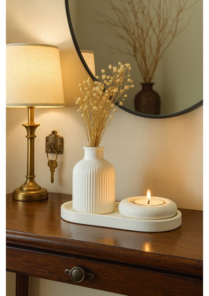 Seramik Vazo, Tealight Mumluk ve Dekoratif Tepsi Seti - Beyaz Minimal Tasarım fırsatları