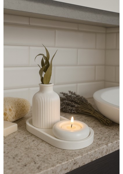 Seramik Vazo, Tealight Mumluk ve Dekoratif Tepsi Seti - Beyaz Minimal Tasarım indirimleri