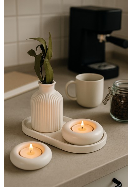 Seramik Vazo, Tealight Mumluk ve Dekoratif Tepsi Seti - Beyaz Minimal Tasarım