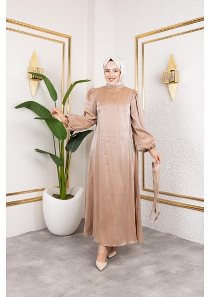 Kolu Lastikli Kuşaklı ELBISE-4833 Vizon