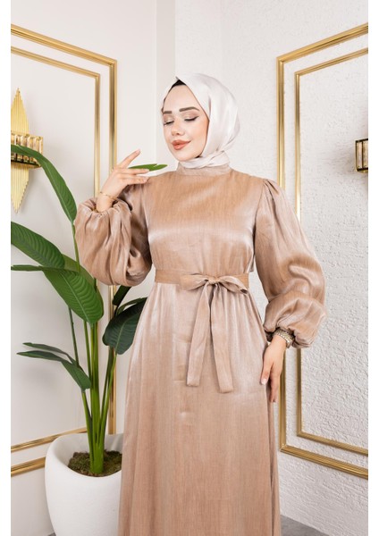 Kolu Lastikli Kuşaklı ELBISE-4833 Vizon fiyatları