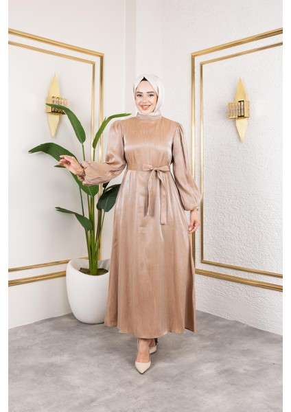 Kolu Lastikli Kuşaklı ELBISE-4833 Vizon modelleri