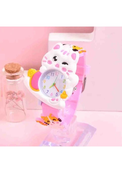 Kedi Figürlü Analog Kol Saati - Renkli Silikon Kayış - Eğlenceli Hediye Saat" ( 1 Adet Pembe )