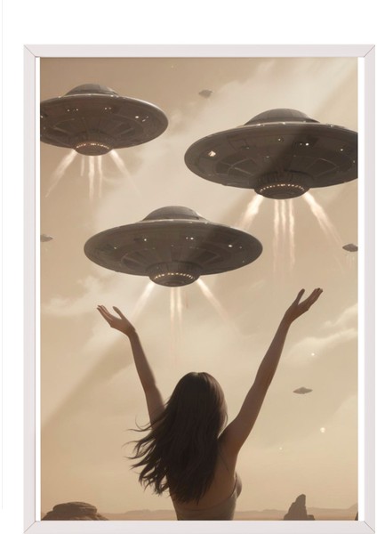 Beyaz Çerçeveli Tablo, Çölün Sessiz Tanığı – Retro Kadın ve Ufo Karşılaşması Poster No: 107487