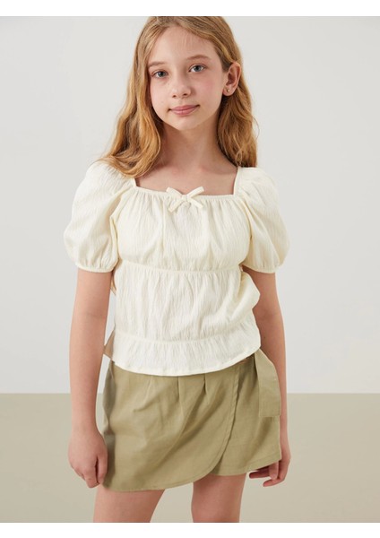 Lcw Kids Ekru Kare Yaka Kız Çocuk Tişört