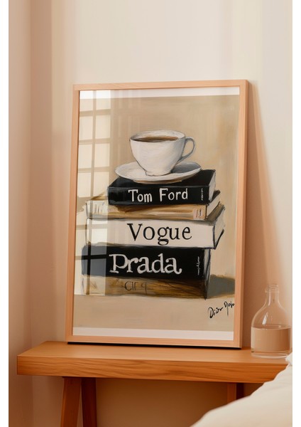 Ahşap Çerçeveli Tablo, Kahve ve Kitaplar, Vogue & Prada Detaylı, Akrilik Boya Poster No: 106132 fiyatları