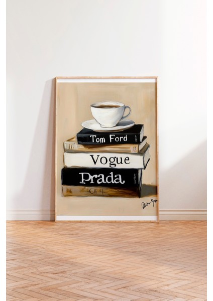 Ahşap Çerçeveli Tablo, Kahve ve Kitaplar, Vogue & Prada Detaylı, Akrilik Boya Poster No: 106132 modelleri