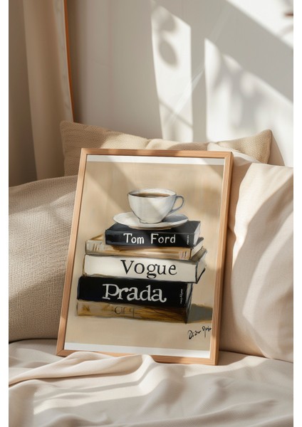 Ahşap Çerçeveli Tablo, Kahve ve Kitaplar, Vogue & Prada Detaylı, Akrilik Boya Poster No: 106132 indirimleri