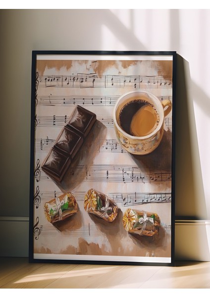 Siyah Çerçeveli Tablo, Kahve Fincanı, Notalar ve Çikolata, Vintage Stil Poster No: 106426 fiyatları