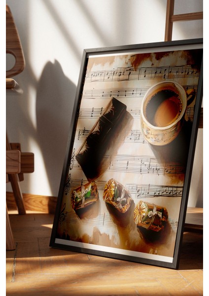 Siyah Çerçeveli Tablo, Kahve Fincanı, Notalar ve Çikolata, Vintage Stil Poster No: 106426 fırsatları