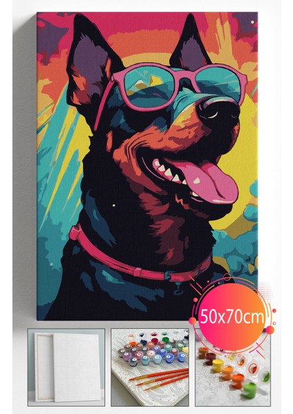 Sayılarla Boyama Seti Numaralı Tuval Fırça Boya Dahil Kasnaklı Set 50X70 cm - Renkli Köpek