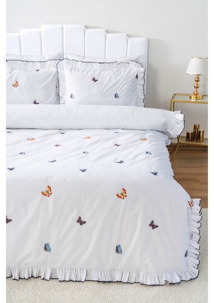 Kelebekli Çift Kişilik Nakışlı %100 Pamuklu Nevresim Takımı & Çeyiz Seti