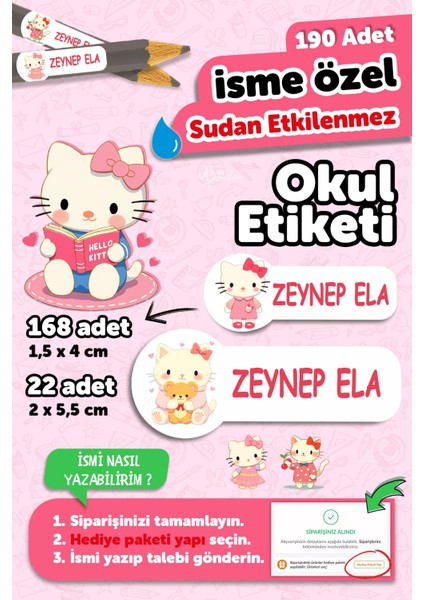 Okul Etiketi Kalem Defter Isimli Etiket Isim Yazılabilen Hello Kety - 190 Adet Özel Tasarım