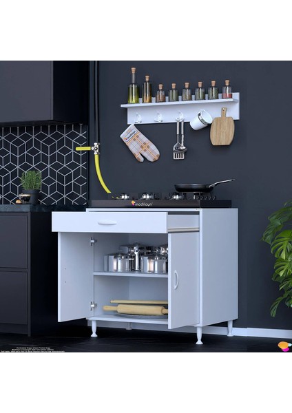 DOQU XXL Set Ocak Altı Dolap 75x88x56 cm 2 Kapak 2 Göz Bölmeli Üst Asma Baharat Raflı
