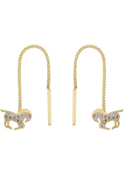 14 Ayar Zincirli Tasarım At Figürlü Altın Küpe