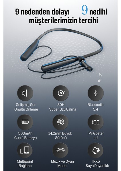 Sporcu Bluetooth Kulaklık 100 Saat Şarj Kapasiteli LCD Şarj Göstergeli Boyun Bantlı Kulaklık indirimleri