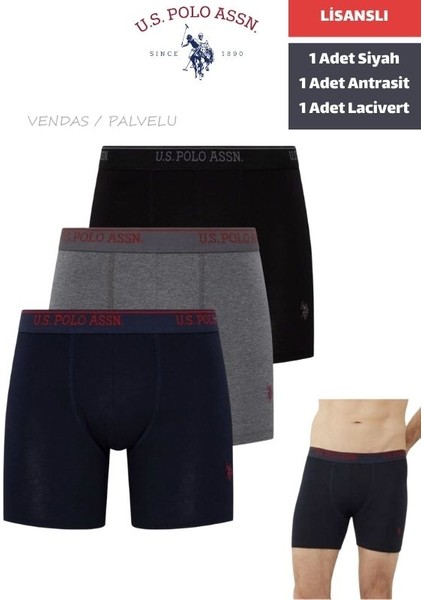 Lisanslı Uzun Paça Pamuklu Fit Boxer 3'lü Paket / Siyah - Lacivert - Antrasit