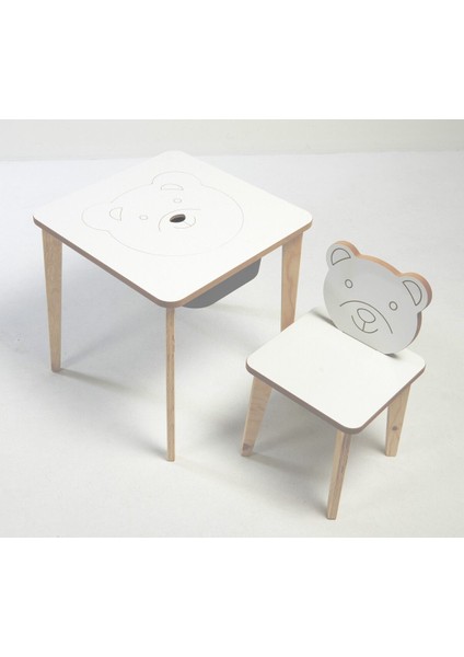 Depolama Hazneli Çocuk Aktivite Masa Sandalye Takımı - Ayıcık Figürlü - Kare Masa