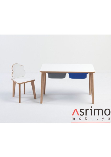 Ahşap Çocuk Aktivite Masa Sandalye Takımı - Bulut Figürlü, Yaz Sil Yüzeyli - Çekmeceli - Dikdörtgen