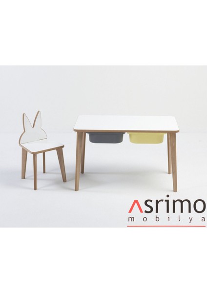 Ahşap Çocuk Aktivite Masa Sandalye Takımı - Tavşan Figürlü, Yaz Sil Yüzeyli - Çekmeceli - Dikdörtgen