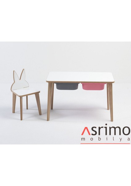 Ahşap Çocuk Aktivite Masa Sandalye Takımı - Tavşan Figürlü, Yaz Sil Yüzeyli - Çekmeceli - Dikdörtgen