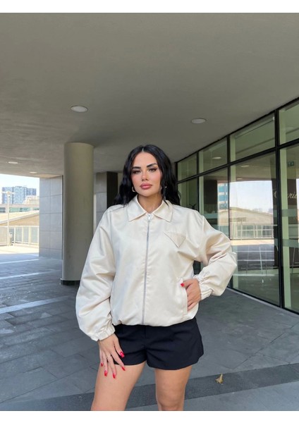 Fermuarlı Gömlek Yaka Bomber Ceket - Beyaz fırsatları