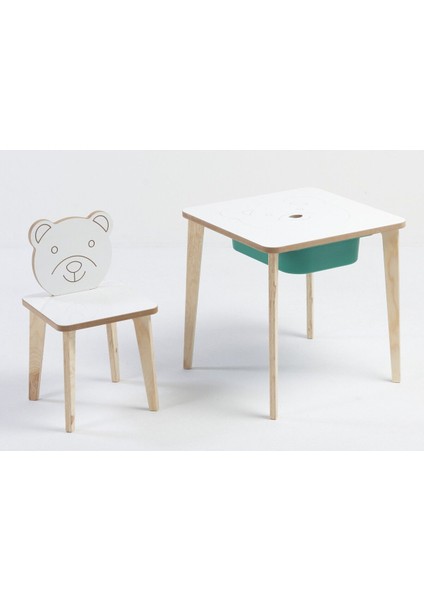 Depolama Hazneli Çocuk Aktivite Masa Sandalye Takımı - Ayıcık Figürlü - Kare Masa