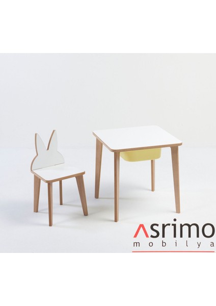 Depolama Hazneli Çocuk Aktivite Masa Sandalye Takımı - Tavşan Figürlü - Kare Masa