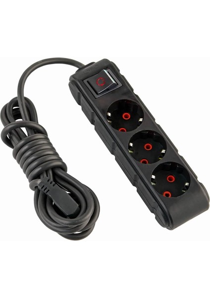 3lü Anahtarlı Grup Priz 5 Metre 16A 250V, Üçlü Topraklı Uzatma Kablosu 5 Metre (Siyah)
