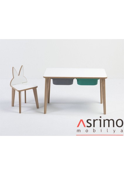 Ahşap Çocuk Aktivite Masa Sandalye Takımı - Tavşan Figürlü, Yaz Sil Yüzeyli - Çekmeceli - Dikdörtgen