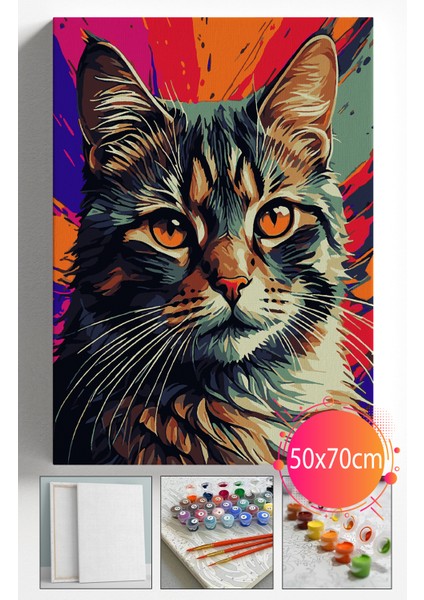 Sayılarla Boyama Seti Numaralı Tuval Fırça Boya Dahil Kasnaklı Set 50X70 cm - Turuncu Kedi