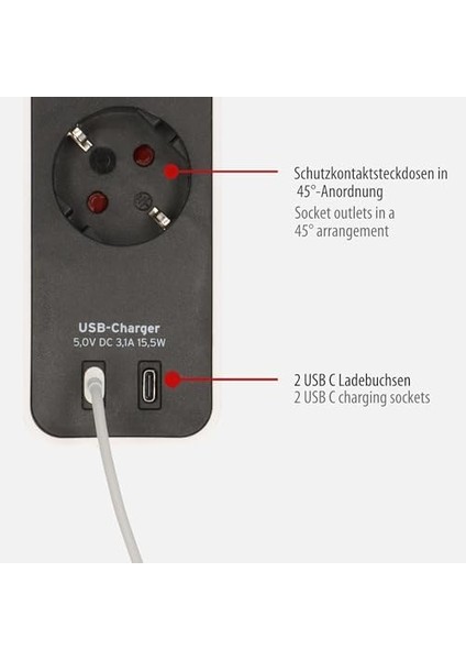 Ecolor Serisi 4 Soketli 2 Adet Type-C Hızlı Şarj Özellikli 1,5 Metre Kablolu Anahtarlı Priz Beyaz fiyatları