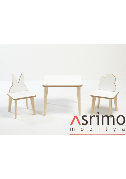 Yaz Sil Yüzeyli Çocuk Aktivite Masa Sandalye Takımı - Tavşan Bulut Sandalye - Kare Masa