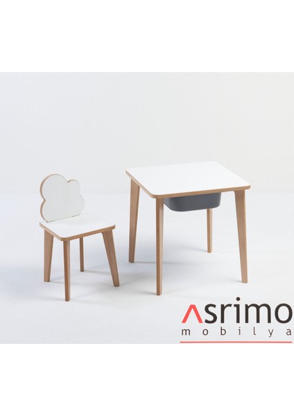 Depolama Hazneli Çocuk Aktivite Masa Sandalye Takımı - Bulut Figürlü - Kare Masa