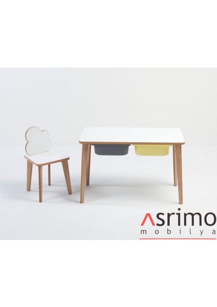 Ahşap Çocuk Aktivite Masa Sandalye Takımı - Bulut Figürlü, Yaz Sil Yüzeyli - Çekmeceli - Dikdörtgen